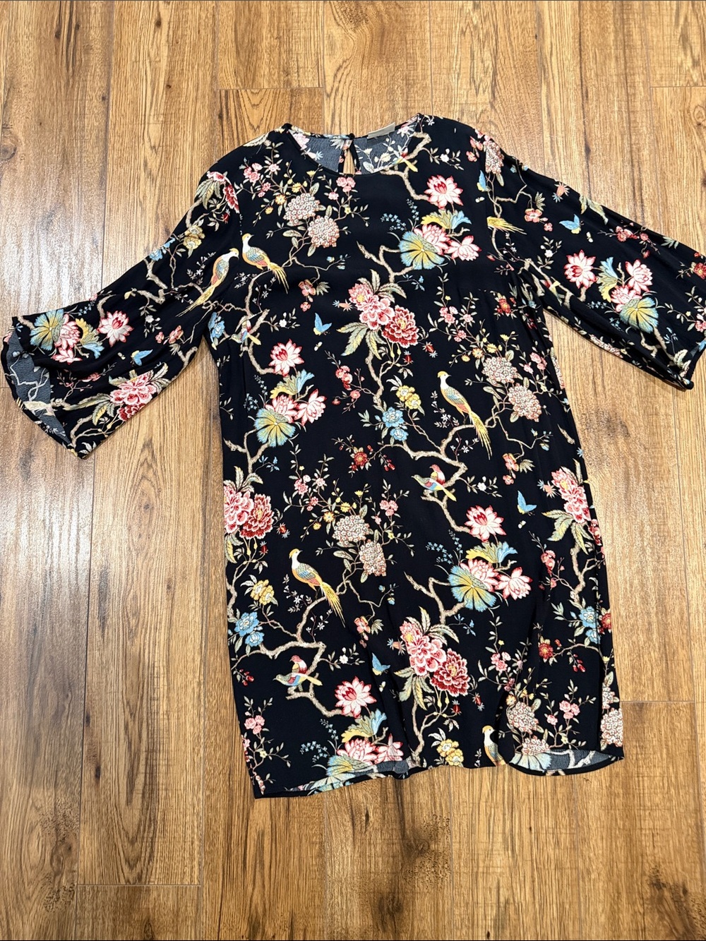Women’s Black Floral Bird Print Dress